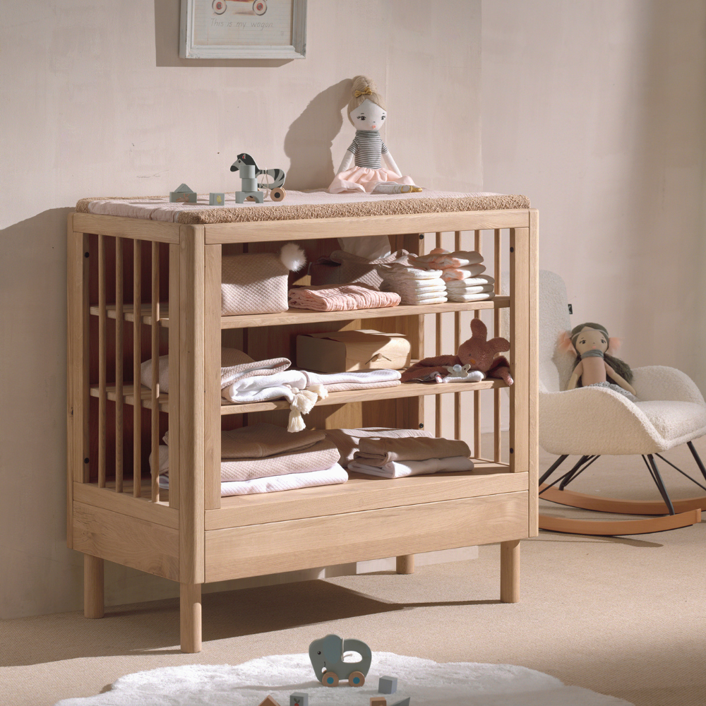 The Forrest Baby Changing Table in Oak offers a rustic style with 2 open shelves, natural oak finish with a durable frame to support your baby & essentials