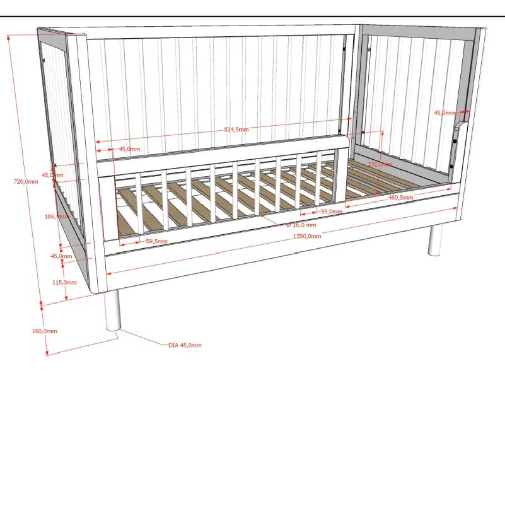 The Forrest Convertible Baby Bed 70 x 140cm in Oak transforms into a toddler bed for extended use & adjustable base with 3 heights, ideal for growing kids
