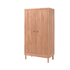 The Forrest Kids 2 Door Wardrobe in Oak features 3 spacious shelves and a hanging rail, soft close on the doors and a natural lacquered finish