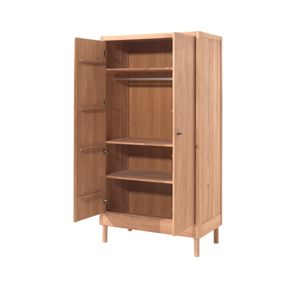 The Forrest Kids 2 Door Wardrobe in Oak features 3 spacious shelves and a hanging rail, soft close on the doors and a natural lacquered finish