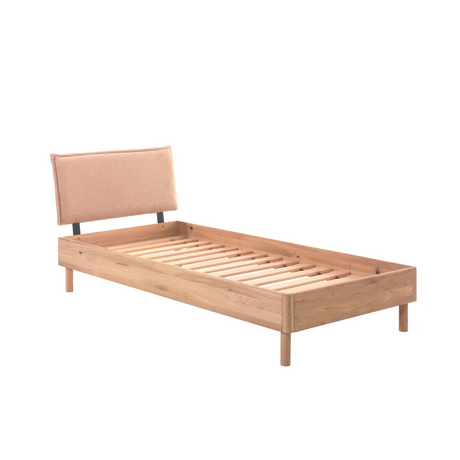 The Forrest Kids Bed 90 x 200cm in Oak Boucle offers a natural finish, a headboard with a soft fabric wrapping & slat base included, ideal for kids aged 4+