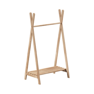 The Forrest Kids Clothing Rack in Oak features a tepee design, minimalist and rustic style and crafted from 100% European oak, perfect for everyday outfits