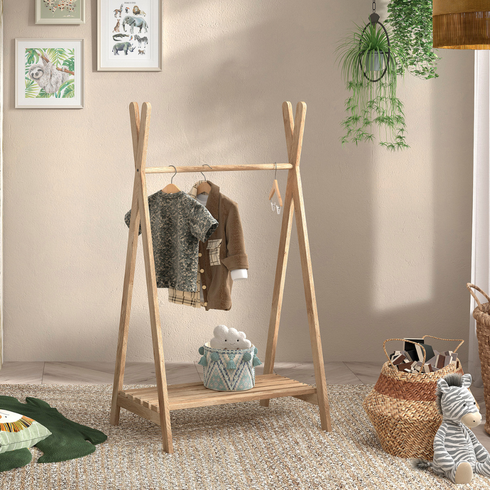 The Forrest Kids Clothing Rack in Oak features a tepee design, minimalist and rustic style and crafted from 100% European oak, perfect for everyday outfits