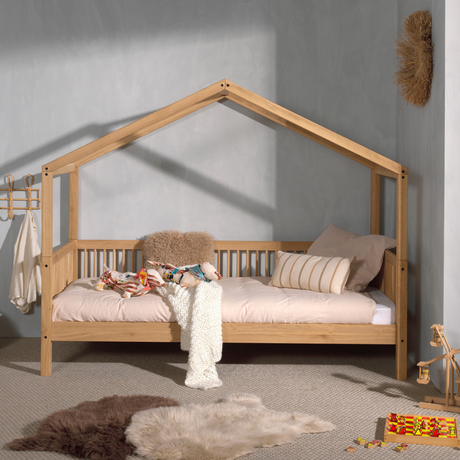 The Forrest Kids House Bed in Oak offers a 3 sided rail, removable roof, a natural lacquered finish in a rustic style and convertible into a cabin bed
