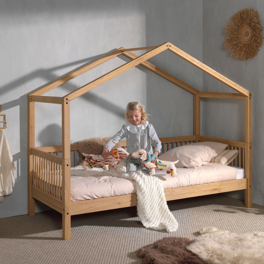 The Forrest Kids House Bed in Oak offers a 3 sided rail, removable roof, a natural lacquered finish in a rustic style and convertible into a cabin bed