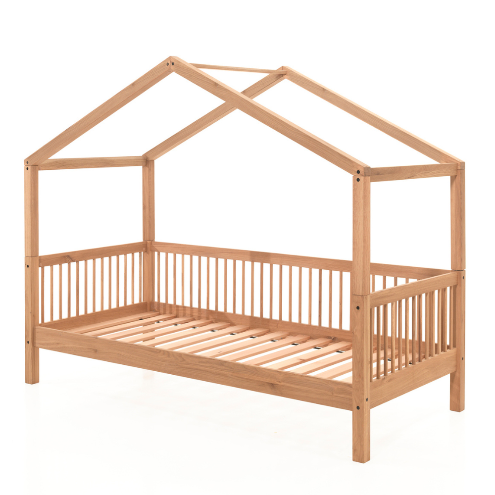 The Forrest Kids House Bed in Oak offers a 3 sided rail, removable roof, a natural lacquered finish in a rustic style and convertible into a cabin bed
