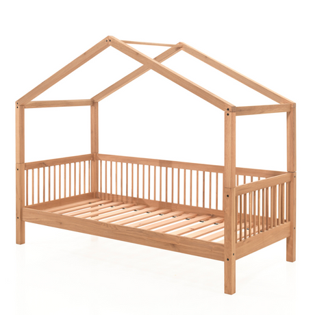 The Forrest Kids House Bed in Oak offers a 3 sided rail, removable roof, a natural lacquered finish in a rustic style and convertible into a cabin bed
