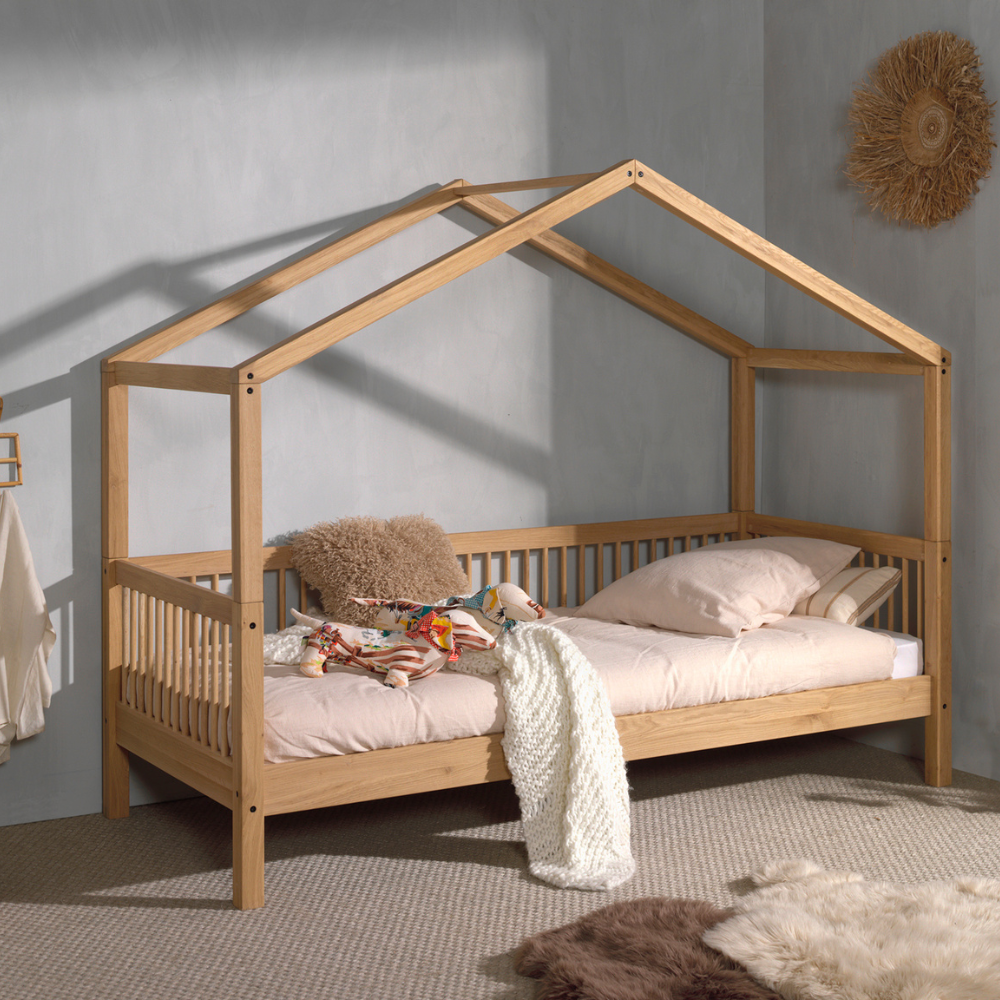 The Forrest Kids House Bed Roof in Oak is a roof attachment for cabin bed that convert into house beds from the Forrest Bed collection