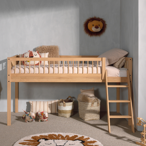 The Forrest Kids Mid Sleeper Bed in Oak features an under bed play/storage space, a side ladder and a natural lacquered finish in a rustic style