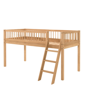 The Forrest Kids Mid Sleeper Bed in Oak features an under bed play/storage space, a side ladder and a natural lacquered finish in a rustic style