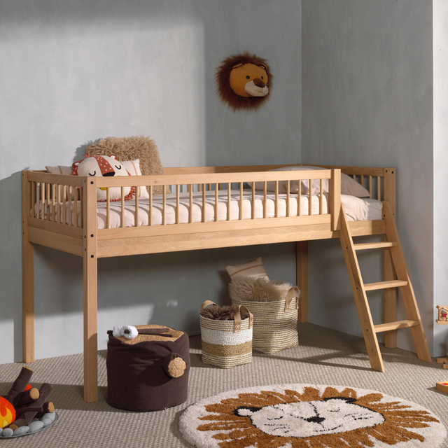The Forrest Kids Mid Sleeper Bed in Oak features an under bed play/storage space, a side ladder and a natural lacquered finish in a rustic style
