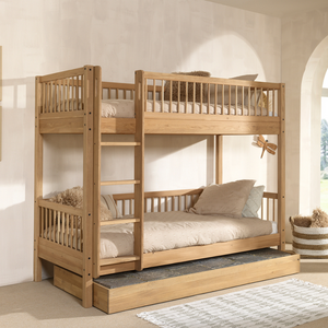 The Forrest Oak Kids Bunk Bed with Drawer provides strong oak material while providing ample storage space and ladder that can be positioned on either side