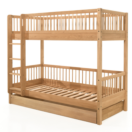 The Forrest Oak Kids Bunk Bed with Drawer provides strong oak material while providing ample storage space and ladder that can be positioned on either side