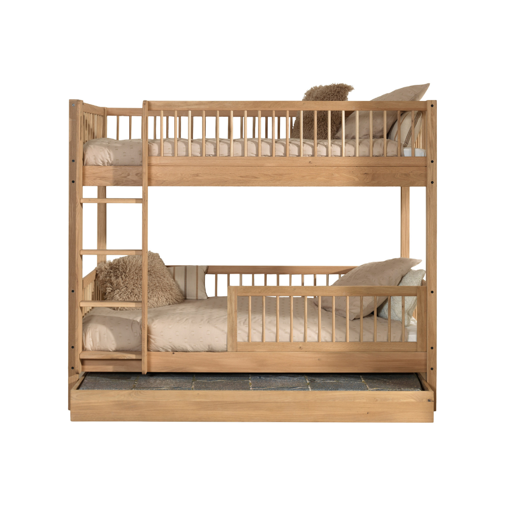 The Forrest Oak Kids Bunk Bed with Drawer & Safety Rail offers strong oak material, a drawer for ample storage space and a safety rail for added protection