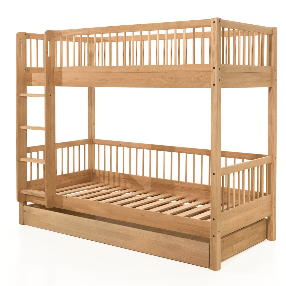 The Forrest Oak Kids Bunk Bed with Drawer & Safety Rail offers strong oak material, a drawer for ample storage space and a safety rail for added protection