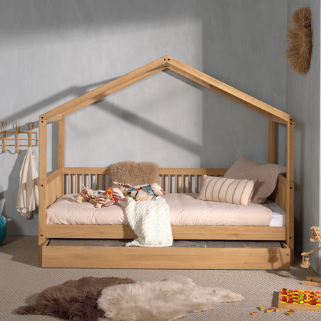 The Forrest Oak Kids House Bed in Drawer features a removable roof, 3 side guardrail and an underbed drawer for storage, ideal for kids aged 4+