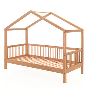 The Forrest Oak Kids House Bed in Drawer features a removable roof, 3 side guardrail and an underbed drawer for storage, ideal for kids aged 4+