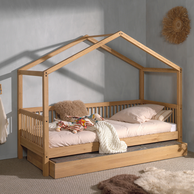 The Forrest Oak Kids House Bed in Drawer features a removable roof, 3 side guardrail and an underbed drawer for storage, ideal for kids aged 4+