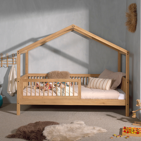 The Forrest Oak Kids House Bed Set with a Safety Rails features a 4 side guardrail, sturdy oak frame for durability & removable roof, ideal for kids aged 4+