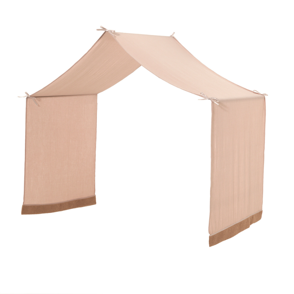 The Forrest Oak Kids House Bed Set with a Safety Rails & Textile features a 4 side guardrail & textile set draped over the roof, ideal for kids aged 4+