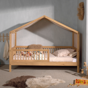 The Forrest Oak Kids House Bed Set with a Safety Rails & Textile features a 4 side guardrail & textile set draped over the roof, ideal for kids aged 4+