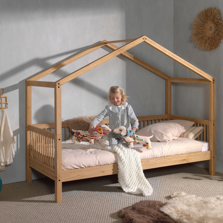 The Forrest Oak Kids House Bed Set features a drawer, safety rail & textile set, 4 side guardrail & an underbed drawer for storage, ideal for kids aged 4+