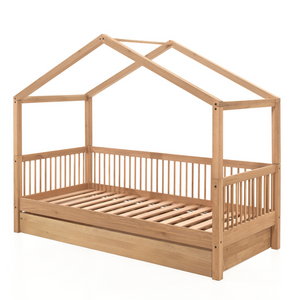 The Forrest Oak Kids House Bed Set features a drawer, safety rail & textile set, 4 side guardrail & an underbed drawer for storage, ideal for kids aged 4+