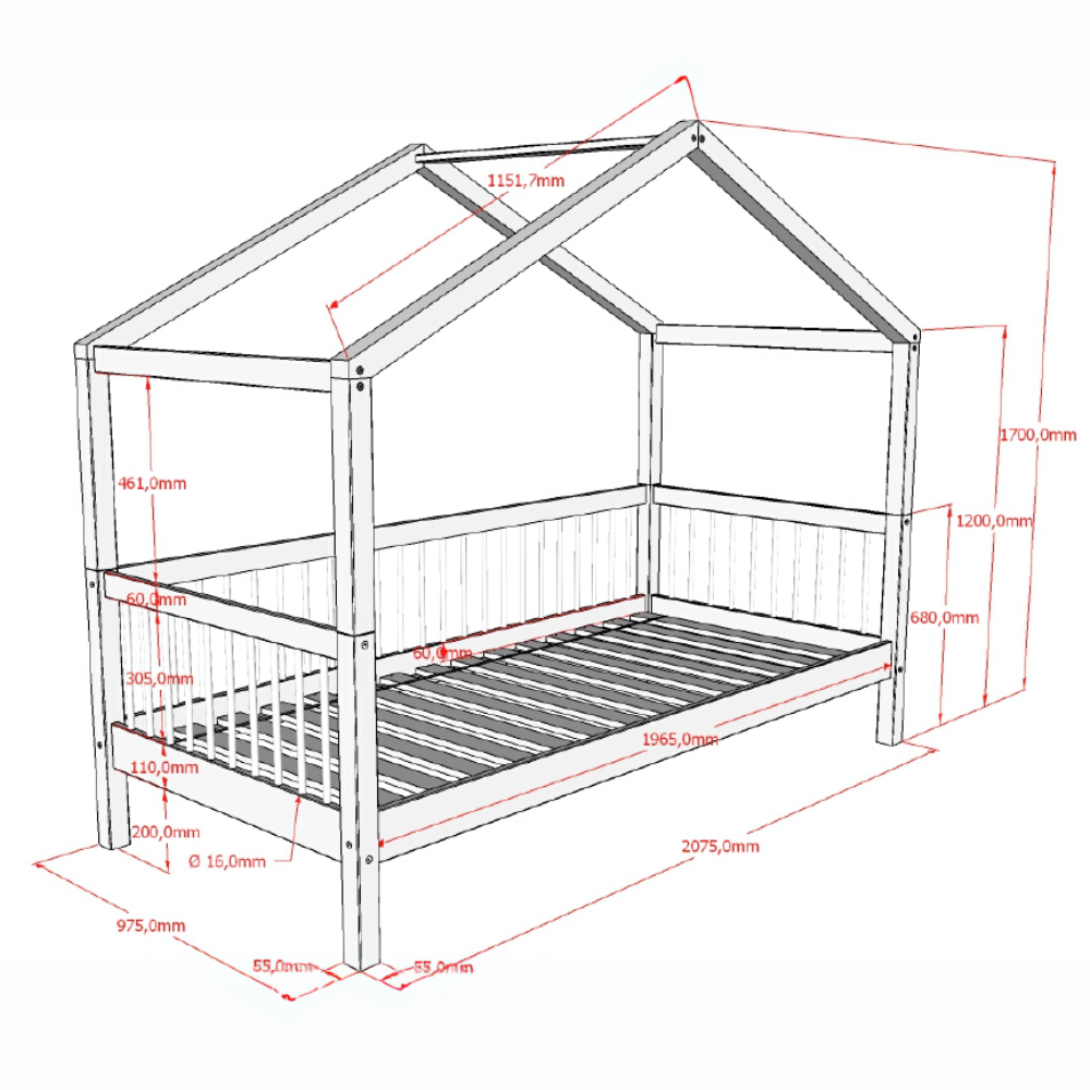 The Forrest Oak Kids House Bed Set features a drawer, safety rail & textile set, 4 side guardrail & an underbed drawer for storage, ideal for kids aged 4+