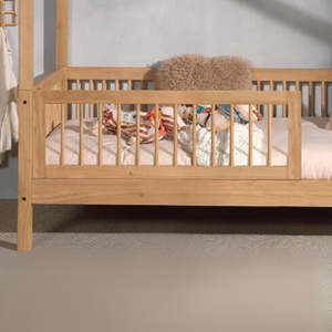 The Forrest Oak Kids House Bed Set features a drawer, safety rail & textile set, 4 side guardrail & an underbed drawer for storage, ideal for kids aged 4+