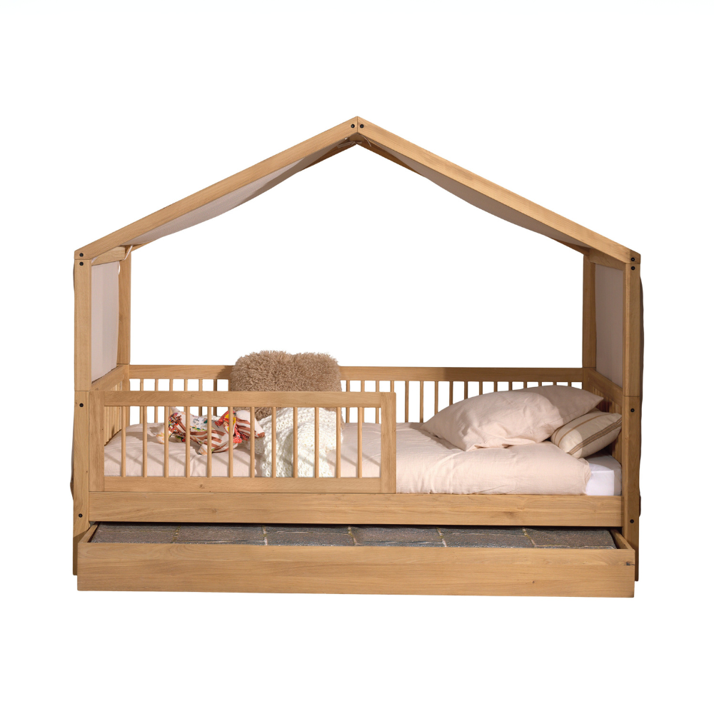 The Forrest Oak Kids House Bed Set features a drawer, safety rail & textile set, 4 side guardrail & an underbed drawer for storage, ideal for kids aged 4+