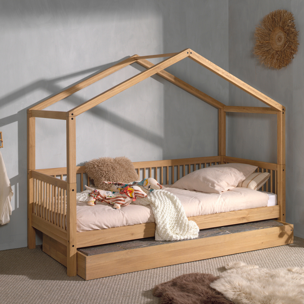 The Forrest Oak Kids House Bed Set features a drawer, safety rail & textile set, 4 side guardrail & an underbed drawer for storage, ideal for kids aged 4+