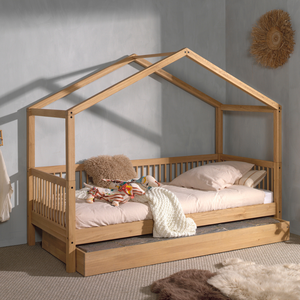 The Forrest Oak Kids House Bed Set features a drawer, safety rail & textile set, 4 side guardrail & an underbed drawer for storage, ideal for kids aged 4+