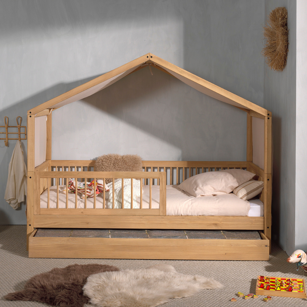 The Forrest Oak Kids House Bed Set features a drawer, safety rail & textile set, 4 side guardrail & an underbed drawer for storage, ideal for kids aged 4+