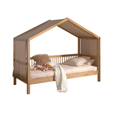 The Forrest Oak Kids House Bed Set with a Textile features a, textile draped over the roof, 3 side guardrail & a sturdy oak frame, ideal for kids aged 4+