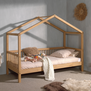 The Forrest Oak Kids House Bed Set with a Textile features a, textile draped over the roof, 3 side guardrail & a sturdy oak frame, ideal for kids aged 4+