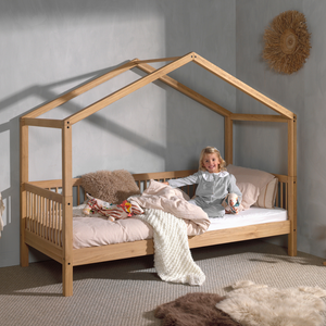 The Forrest Oak Kids House Bed Set with a Textile features a, textile draped over the roof, 3 side guardrail & a sturdy oak frame, ideal for kids aged 4+