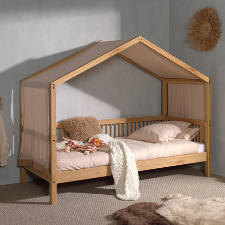 The Forrest Oak Kids House Bed Set with a Textile features a, textile draped over the roof, 3 side guardrail & a sturdy oak frame, ideal for kids aged 4+