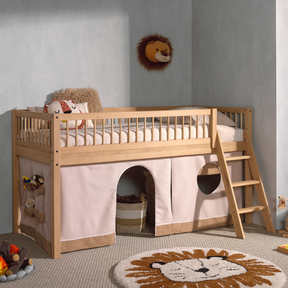 The Forrest Oak Kids Mid Sleeper with Textile features a cozy under bed space, flexible ladder placement & warm design, perfect for play, rest & storage