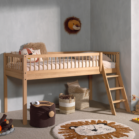 The Forrest Oak Kids Mid Sleeper with Textile features a cozy under bed space, flexible ladder placement & warm design, perfect for play, rest & storage