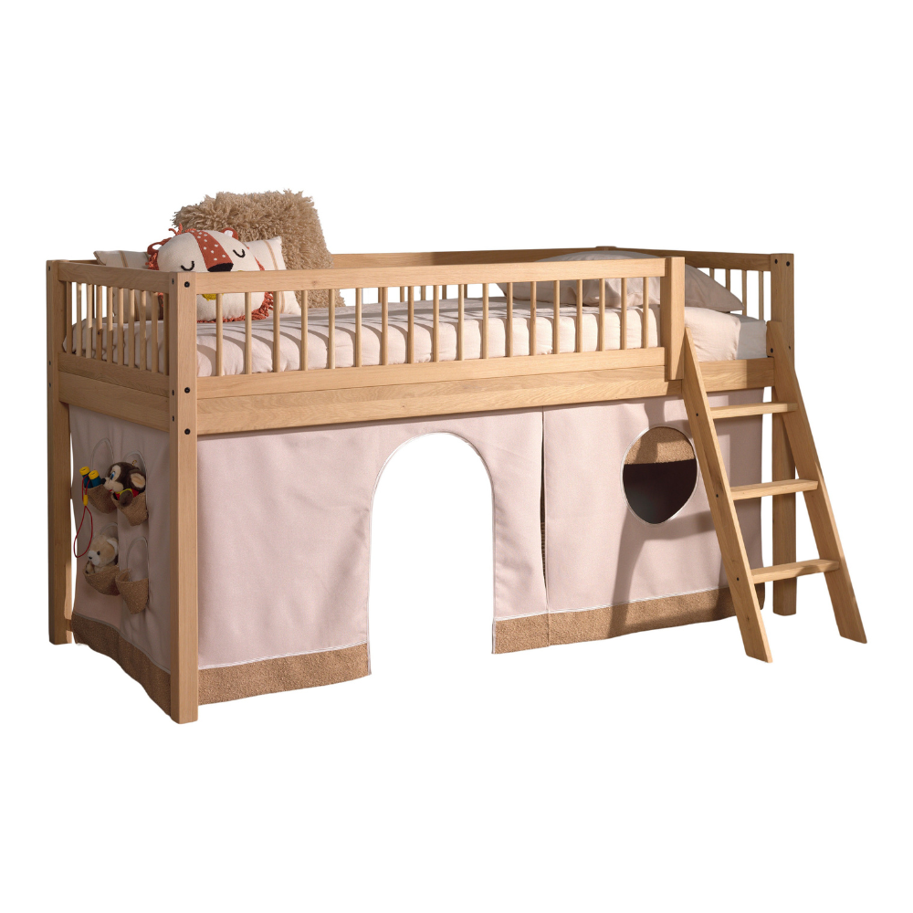 The Forrest Oak Kids Mid Sleeper with Textile features a cozy under bed space, flexible ladder placement & warm design, perfect for play, rest & storage