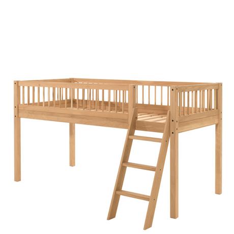 The Forrest Oak Kids Mid Sleeper with Textile features a cozy under bed space, flexible ladder placement & warm design, perfect for play, rest & storage