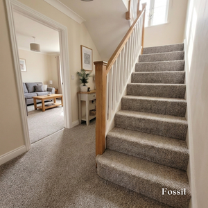  Fossil colour carpeted staircase with a view into a living room