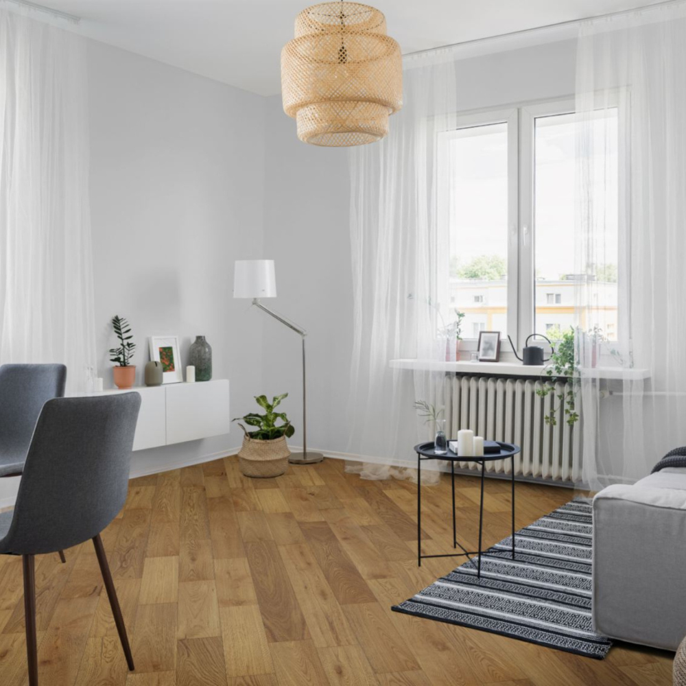 The Harvest Oak Engineered Flooring features warm tones, brushed matt lacquer, multi-layer stability and easy installation for any interior