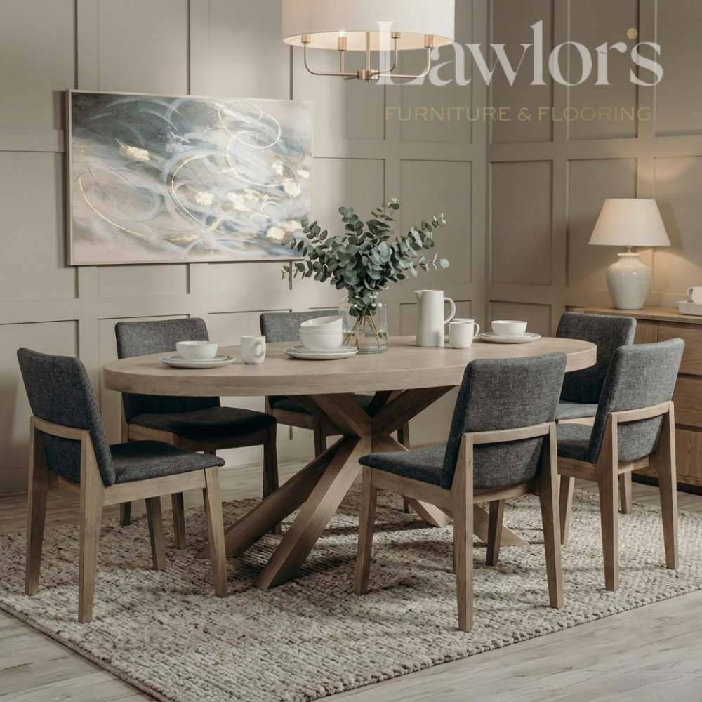 Dining room setup with a wooden table and 6 grey chairs set