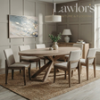 Dining room setup with a wooden table and 6 cream chairs set