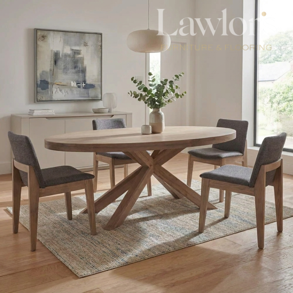 Dining room with wooden table and 4 grey chairs