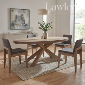 Dining room with wooden table and 4 grey chairs