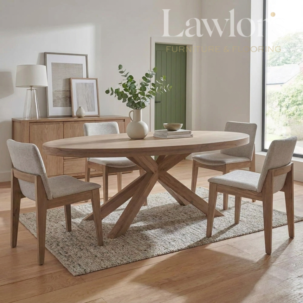 Dining room with wooden table and 4 cream chairs
