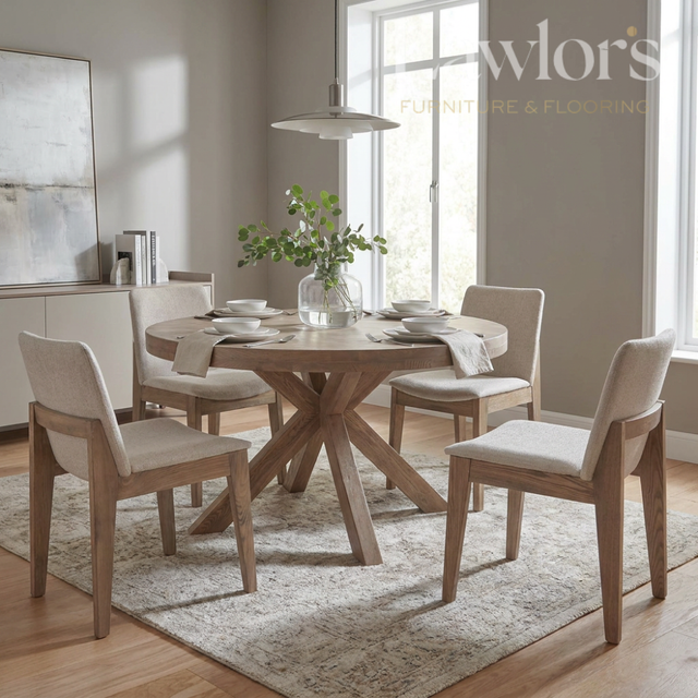 Dining room with oak round table and natural colour chair set