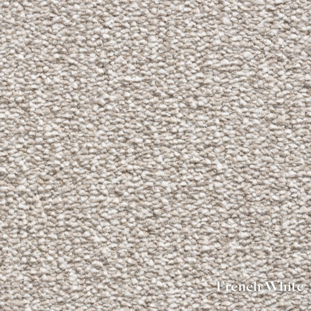 Textured beige carpet sample with 'French White' label